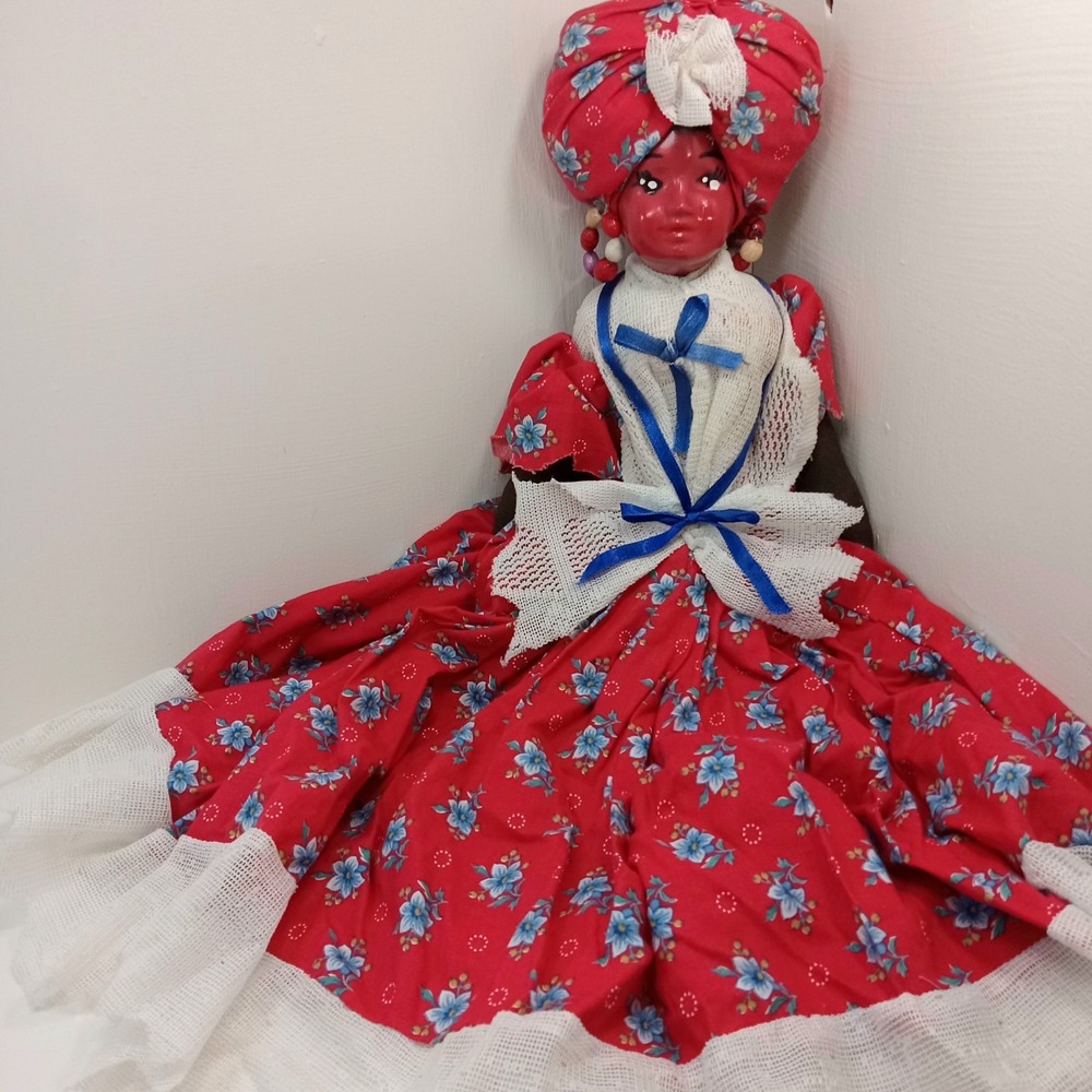 VTG Caribbean Doll Folk Art Porcelain Face  Handstitched Dress  Bead Earings